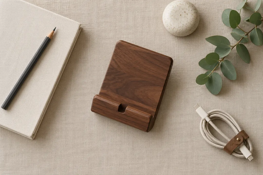 A handmade walnut phone stand rests in a calm, neatly arranged desk flat lay with stationery, greenery, and a charging cable.