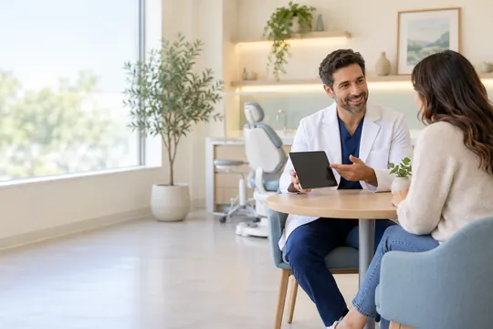 A dentist and patient share a quiet consultation in a softly lit modern clinic.
