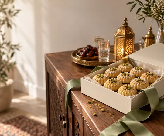 An ivory box of pistachio maamoul with sage ribbon sits beside a glowing brass lantern, with dates and water glasses softly blurred behind it.
