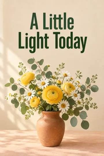 A cheerful flower bouquet in a terracotta vase sits beneath bold green poster lettering on a warm peach background.