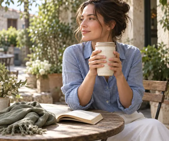 A person holds a cream stoneware travel mug at a sunlit courtyard table beside a book and scarf.