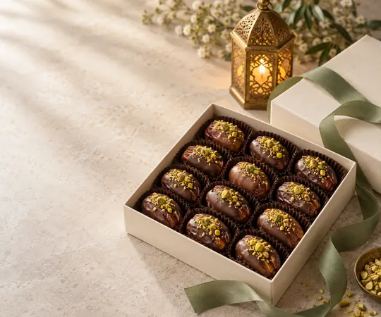 An ivory box of chocolate-dipped dates with pistachio toppings sits beside a sage ribbon and glowing brass lantern on pale limestone.