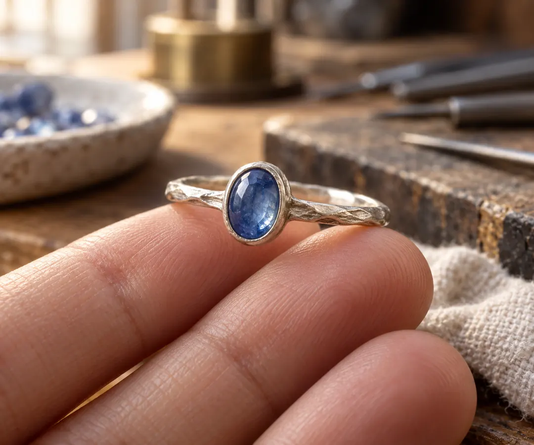 A finely detailed silver ring with a blue stone rests across fingertips above a softly blurred jeweler’s workbench.