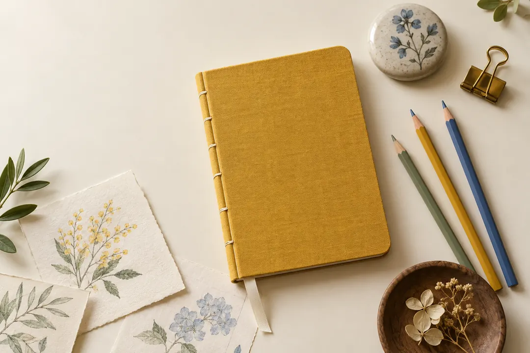 A mustard linen notebook is centered in a warm, balanced top-down arrangement with pencils, sketches, and simple desk accessories.