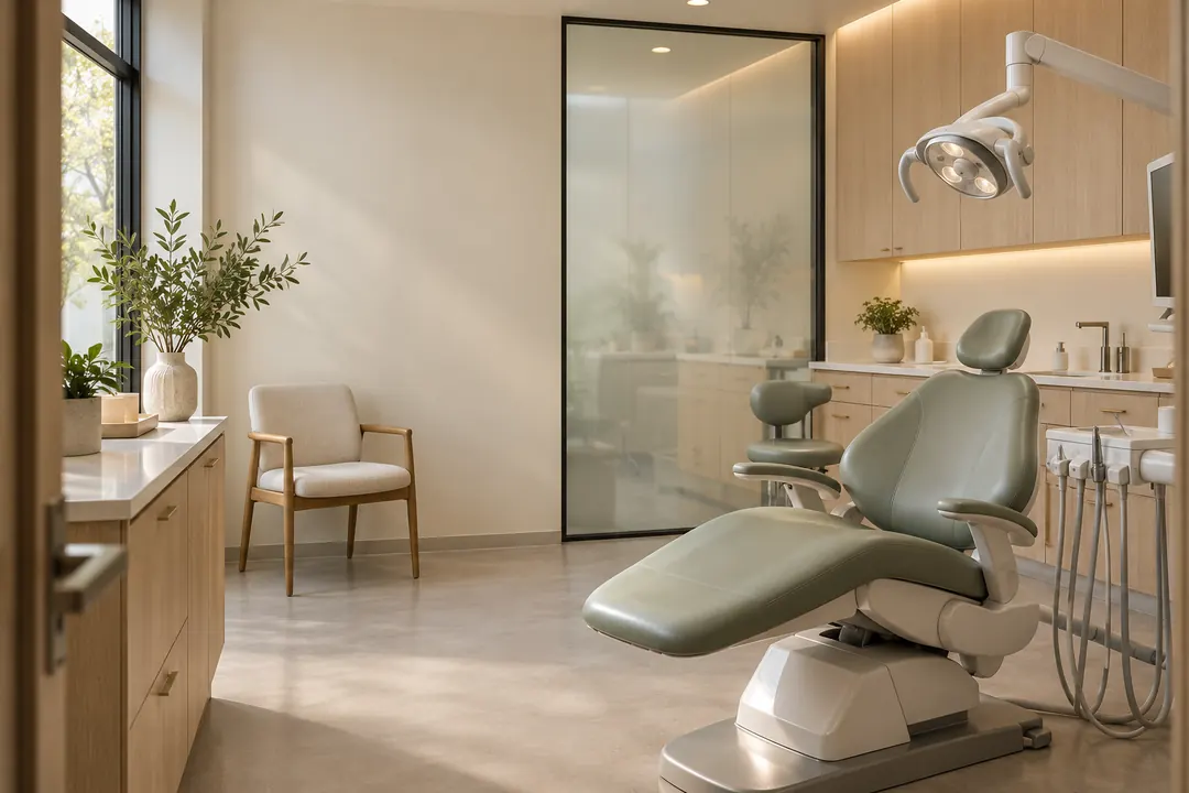 A sage-green dental chair sits in a softly lit treatment room with oak cabinetry and an uncluttered ivory wall.