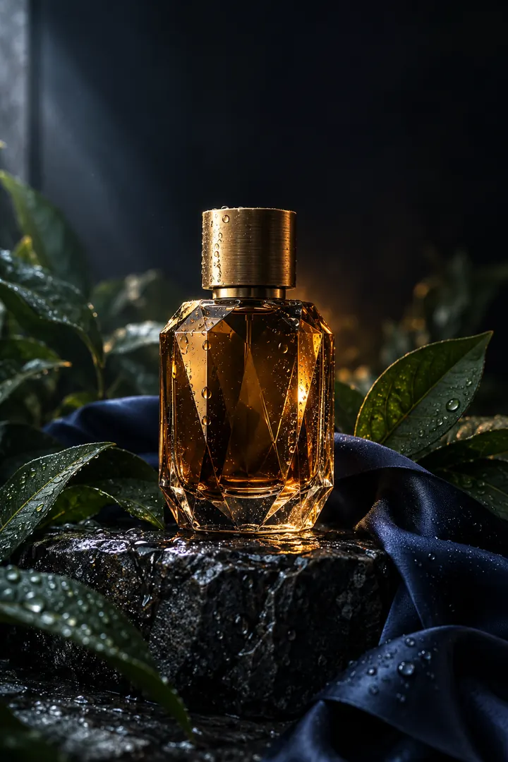 An amber perfume bottle with a brass cap rests on wet dark stone beside green leaves and midnight-blue silk in dramatic mixed lighting.