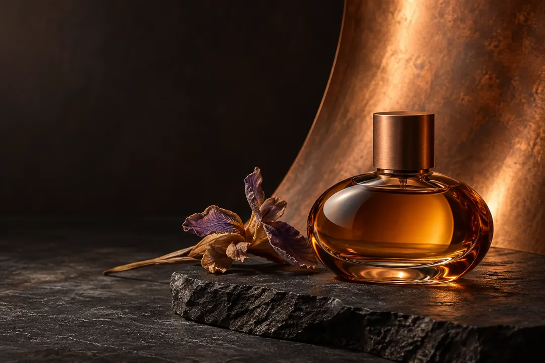 An amber perfume bottle with a copper cap stands on charcoal slate beside a dried iris stem against a softly illuminated copper backdrop.