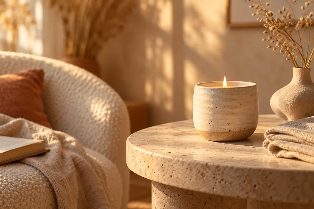 A cream ceramic candle glows on a travertine table in a softly sunlit reading nook with linen and dried grasses.