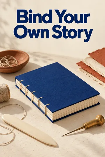 A portrait craft-workshop poster shows a cobalt handmade notebook and bookbinding tools on an ivory table beneath the headline "Bind Your Own Story".