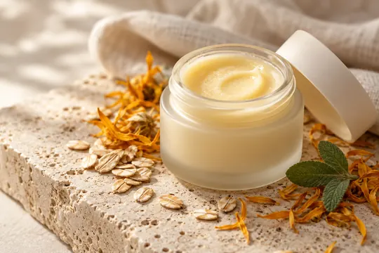 An open frosted skincare balm jar with a visible creamy swirl sits on travertine beside oats, calendula petals, and a green leaf in soft daylight.