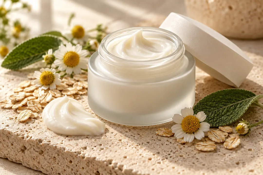An unbranded frosted cream jar and a swirl of whipped moisturizer sit on pale stone among oat flakes, chamomile flowers, and green leaves in soft window light.