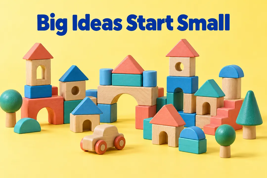 Colorful wooden blocks form a miniature town on a butter-yellow background beneath a bold cobalt headline.