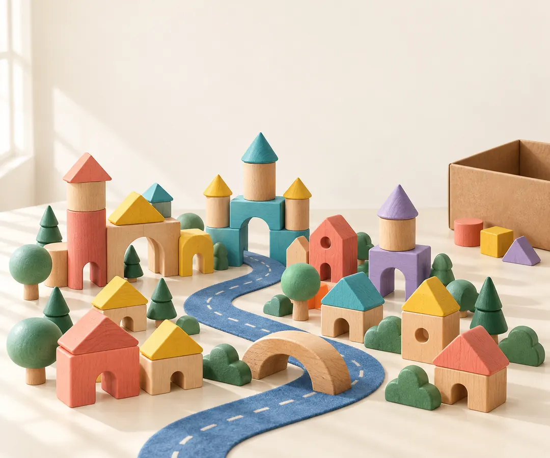 Colorful wooden blocks form a miniature town beside an open cardboard box on a cream table with a winding blue felt road.