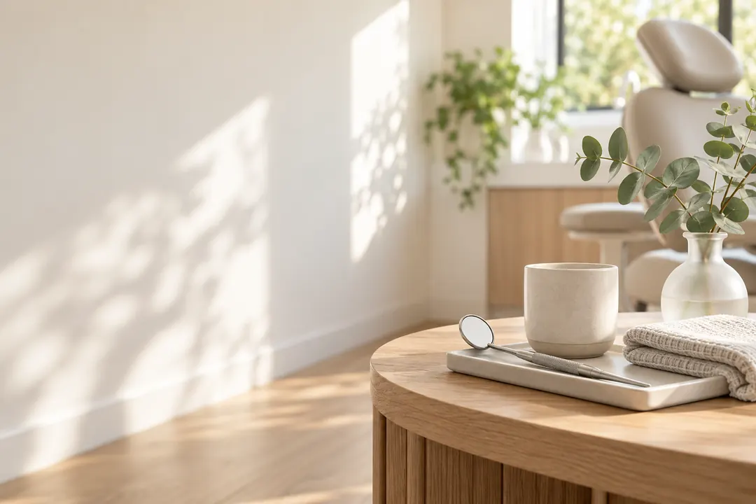 A serene dental consultation room features neatly arranged care objects on a pale oak table beside soft eucalyptus and warm natural light.