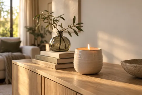 A glowing ivory ceramic candle sits on a pale oak sideboard in a softly lit modern living room.