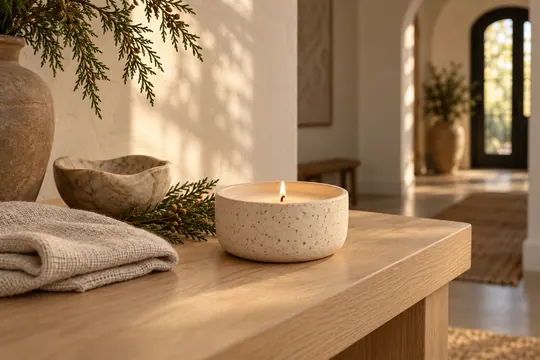 A speckled ivory ceramic candle sits on a pale oak console with linen, stone, and cedar accents in a softly lit entryway.