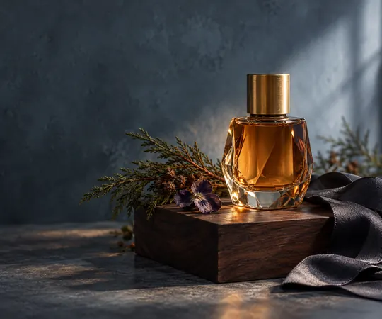 An amber perfume bottle with a brass cap sits on a walnut block beside charcoal silk and cedar sprigs in moody blue-hour light.