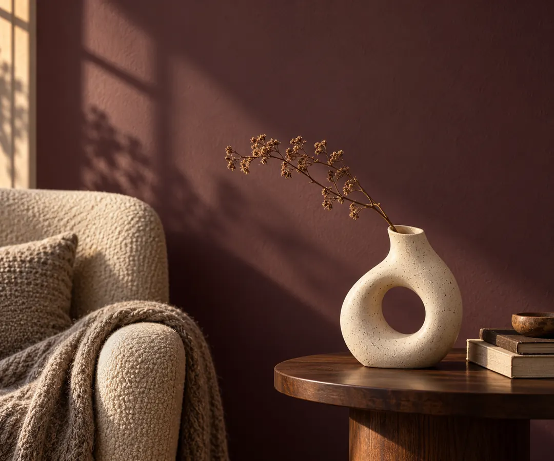 An ivory ceramic loop vase with a dried branch sits on a walnut table beside an oatmeal armchair against a plum wall.
