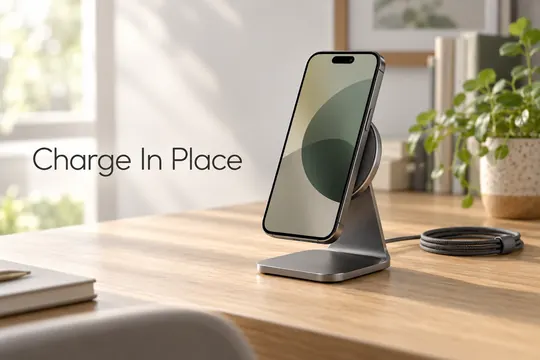 A graphite wireless phone charging stand holds a smartphone on a warm wooden desk beside a blurred plant and charging cable.