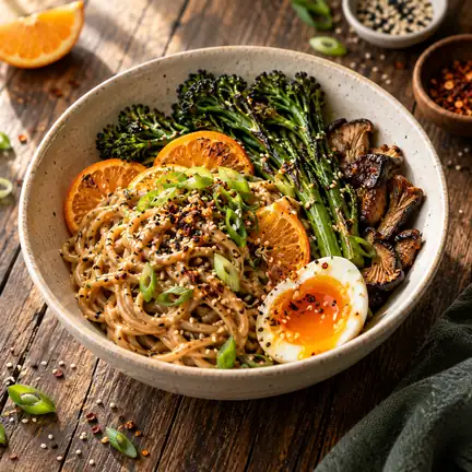 A colorful sesame noodle bowl with charred vegetables, citrus, scallions, and a soft egg on a warm wooden table.