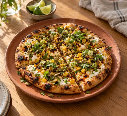 A golden charred-corn flatbread with whipped feta, herbs, chili oil, and pepitas sits on a terracotta plate in warm window light.
