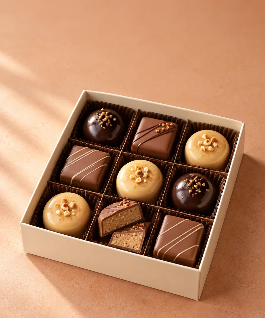 An open ivory box holds neatly arranged handmade chocolates, including a halved hazelnut-filled square, on an apricot counter.