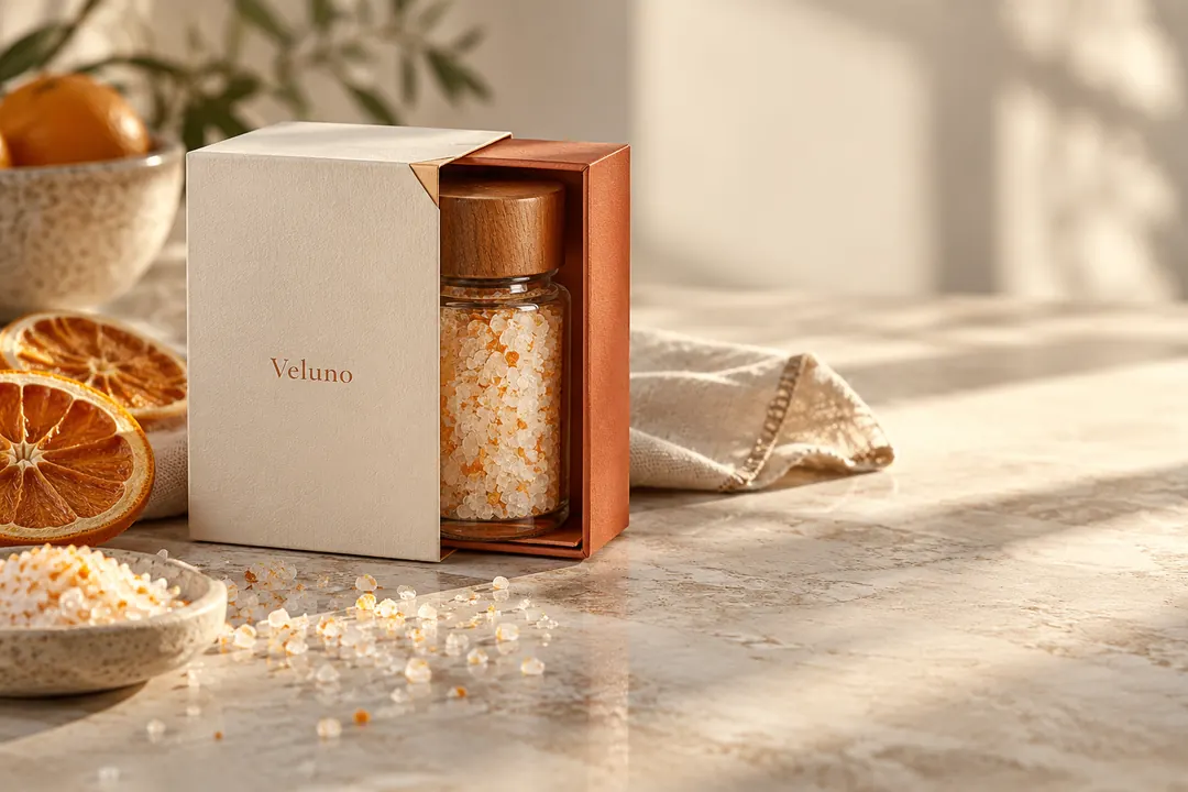An ivory and terracotta citrus salt box sits open on a sunlit stone countertop beside orange slices and salt crystals.