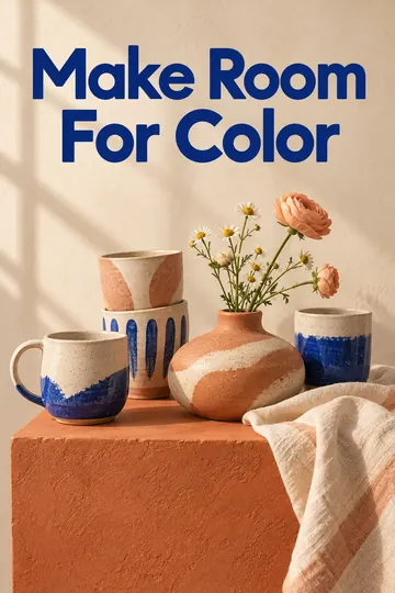 A portrait poster shows colorful handmade ceramics on a terracotta pedestal beneath the headline "Make Room For Color".
