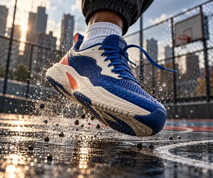 A cobalt-and-white sneaker appears to leap above a wet basketball court with droplets suspended in the air.