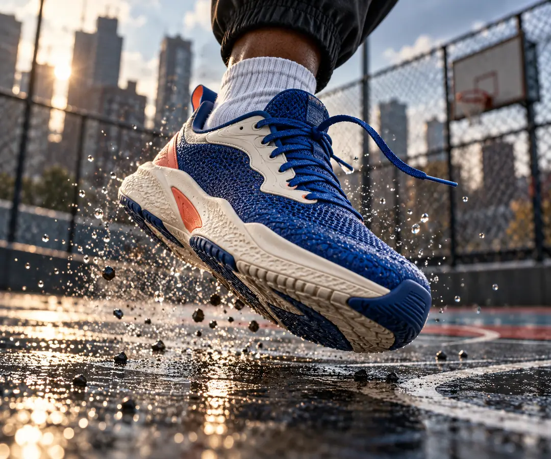 A cobalt-and-white sneaker appears to leap above a wet basketball court with droplets suspended in the air.