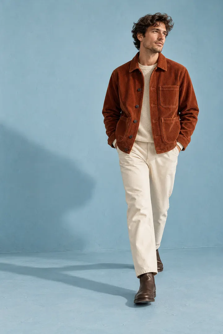 A model strides across a pale blue studio in a rust corduroy jacket, cream trousers, and dark brown boots.