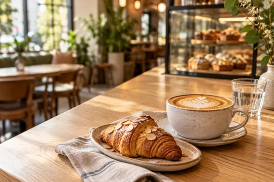 A cappuccino and almond croissant sit on a wooden cafe counter in warm window light, with a softly blurred shop interior behind them.
