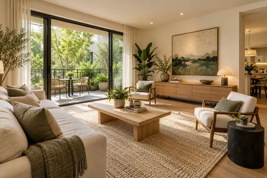 A bright, neutral living room with contemporary furnishings opens onto a leafy courtyard balcony in soft daylight.