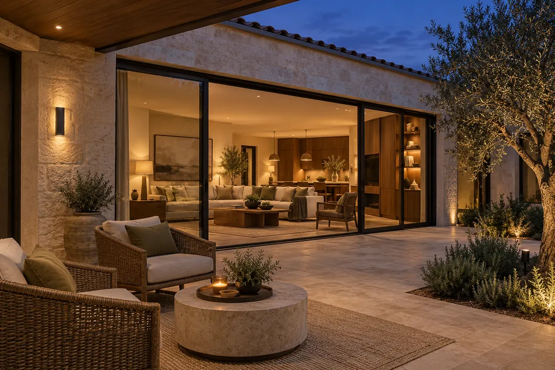 A courtyard villa at twilight features a stone patio, woven chairs, an olive tree, and warmly illuminated living spaces behind sliding glass doors.