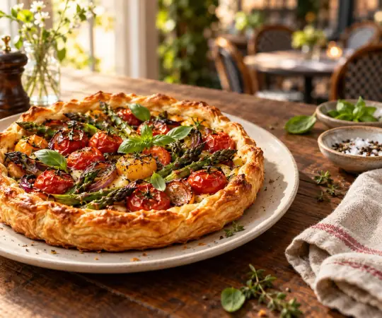 A golden vegetable puff-pastry tart sits on a cream plate on a warmly lit walnut table.