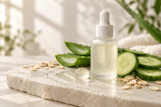 A frosted serum bottle stands beside a gel swatch, aloe, cucumber, and oats in bright natural light.