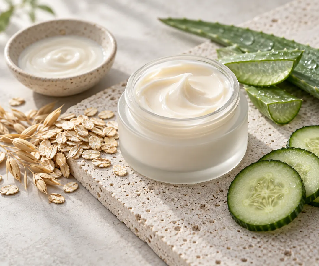 An open frosted skincare jar filled with ivory cream rests on white stone beside oats, aloe, cucumber, and a ceramic dish.