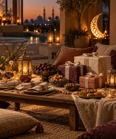An elegant Ramadan iftar table with glowing lanterns, dates, ceramic dishes, and wrapped Eid gifts in warm evening light.