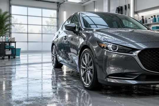A freshly detailed graphite-gray compact car gleams with water beads inside a clean, softly lit detailing bay.