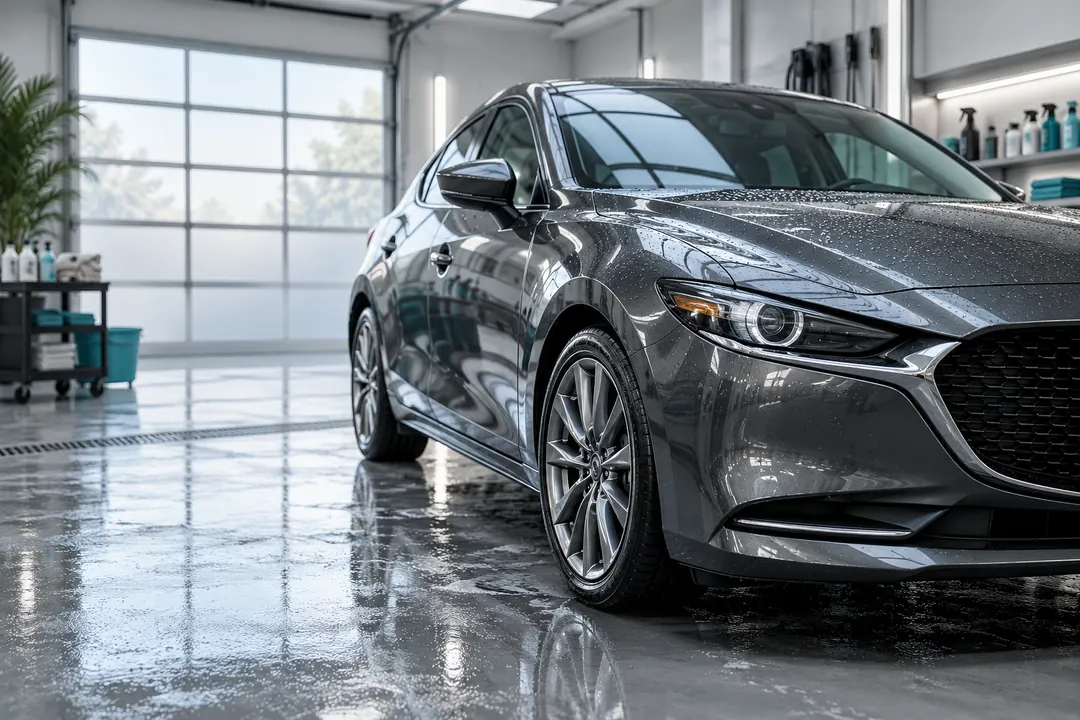A freshly detailed graphite-gray compact car gleams with water beads inside a clean, softly lit detailing bay.