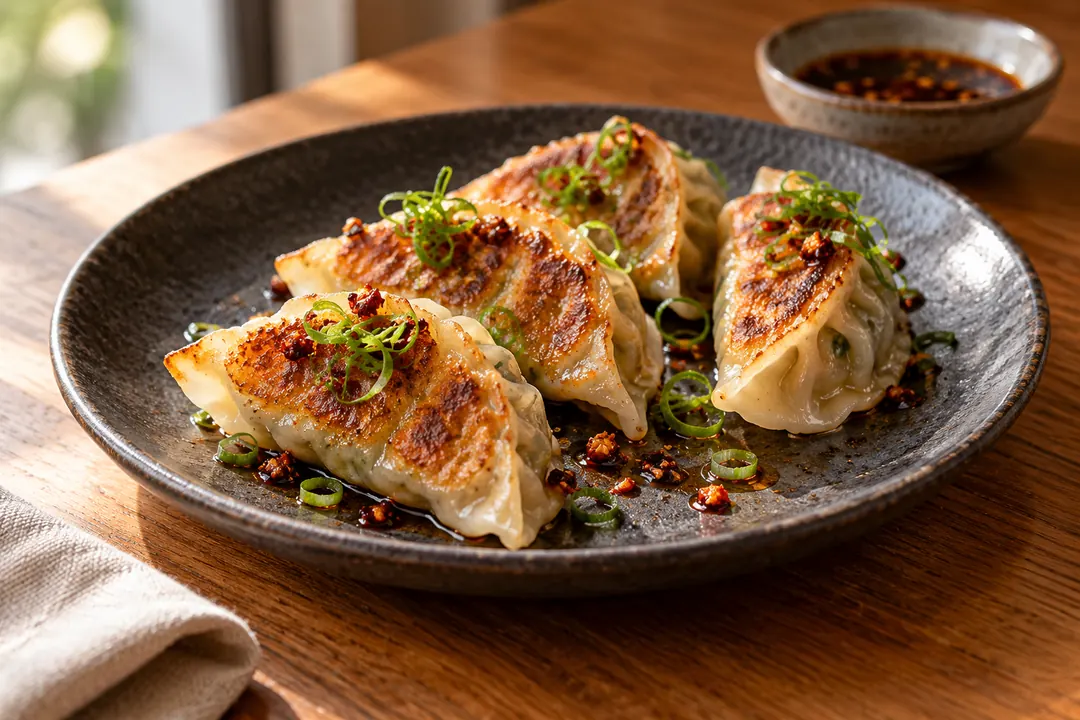 Five golden vegetable dumplings with scallions and chili crisp sit on a charcoal plate beside dipping sauce on a warm oak table.