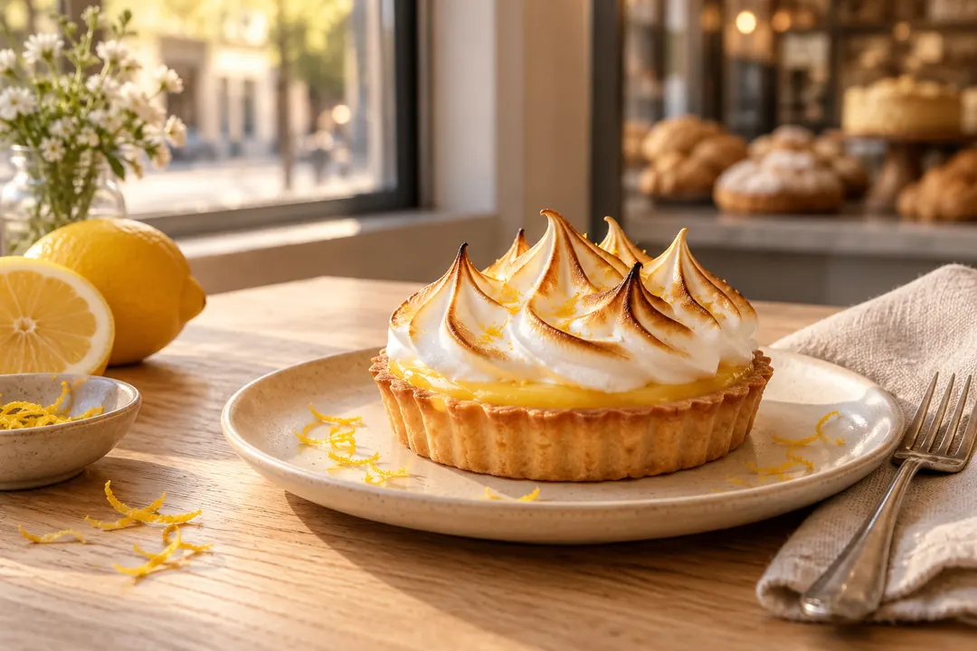 A golden lemon meringue tart sits on an ivory plate in a softly lit bakery setting.