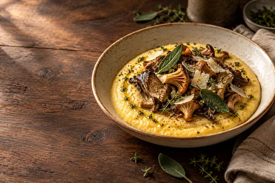 A golden bowl of creamy polenta topped with roasted mushrooms and sage on a dark wooden table.