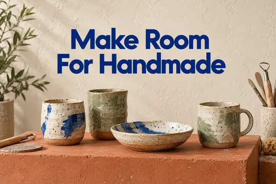 A warm editorial poster shows handmade ceramic cups and a bowl beneath a bold cobalt headline on a cream background.