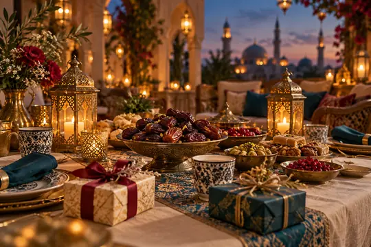 A warmly lit iftar table with dates, cups, lanterns, and wrapped Eid gifts beneath a blue evening sky.