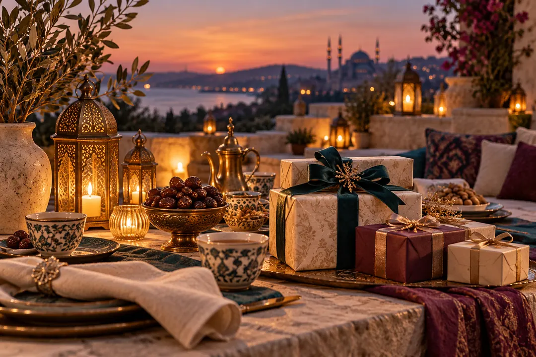 An elegant sunset iftar table with dates, tea cups, wrapped gifts, linen details, and glowing brass lanterns.