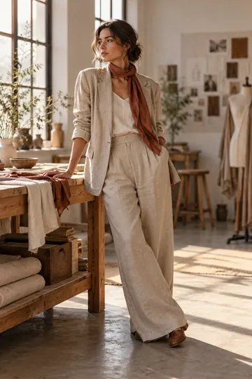 A fictional adult model poses in a warm minimalist atelier wearing a coordinated oat linen outfit with a rust scarf.