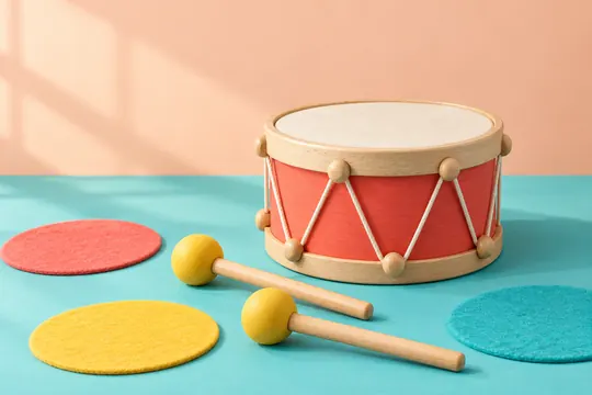 A coral wooden toy drum and two yellow mallets sit on a turquoise floor against a peach backdrop with colorful felt circles.