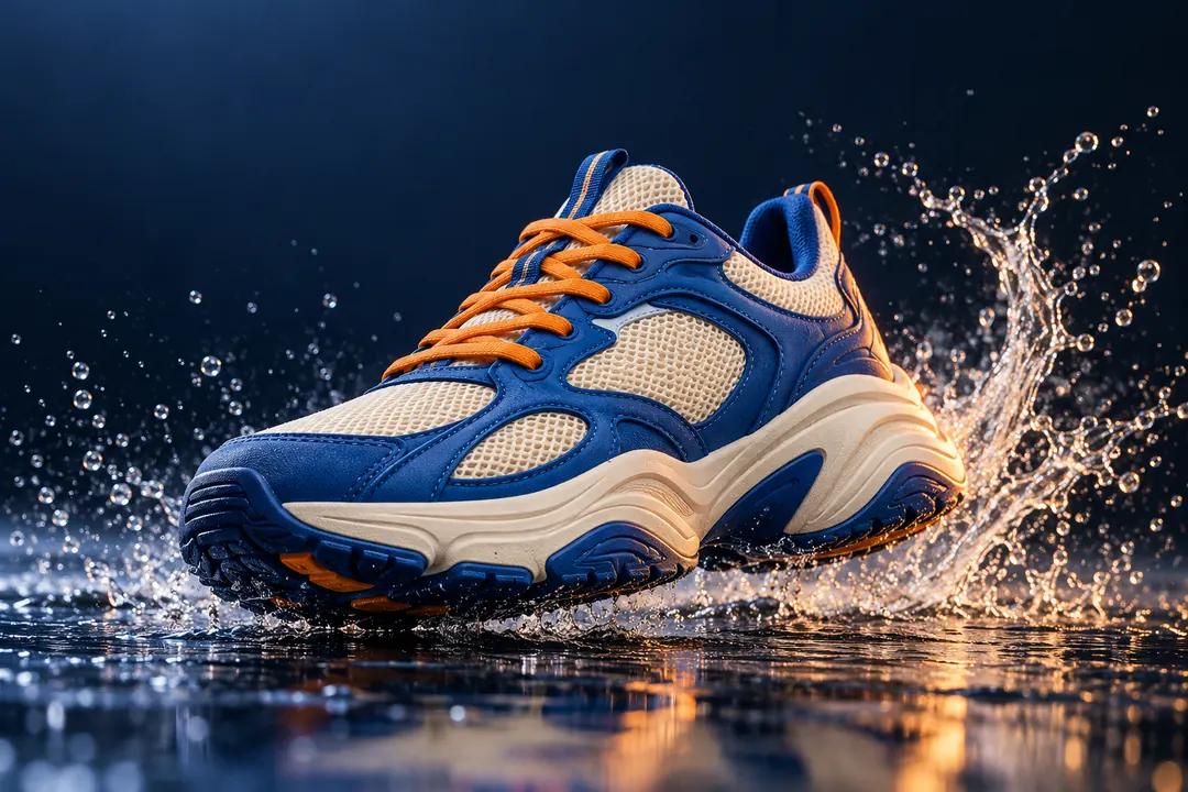 A cobalt, cream, and orange sneaker hovers above a dark puddle with a crisp curved splash behind its heel.