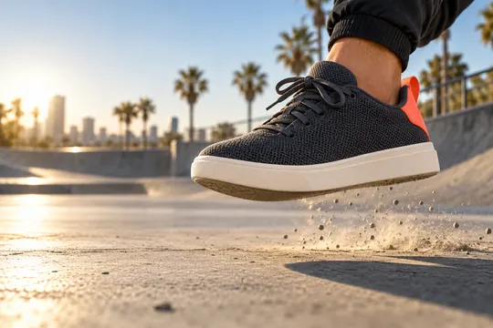 A charcoal and coral sneaker appears suspended above a sunlit concrete plaza, with dust beneath it and strong forward-moving energy.
